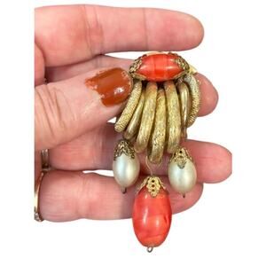Vintage Coral Cabochon Dangle Brooch Gold Fringe Faux Pearl Statement Pin